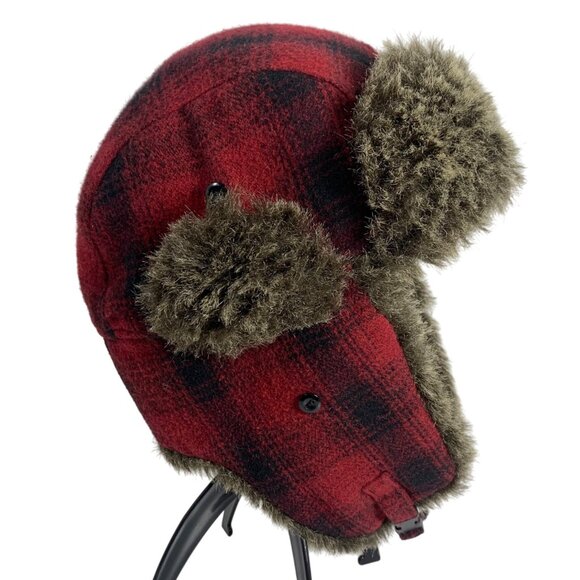 Red Plaid Yukon Charlies Trapper Hunting Hat Faux Fur, Ear + Chin Straps SZ L/XL - Picture 4 of 9